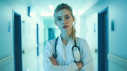 Portrait of a young female doctor standing in the hospital corridor. Medicine and healthcare concept
