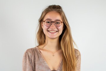 Obraz premium Radiating joy and humor, a university student girl stands before a pristine white background, perfectly capturing the spirit of youthful protagonists.