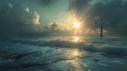 Sunrise over sea with cross standing - The sun breaks through clouds illuminating a cross standing in the tumultuous sea, symbolizing hope and faith amidst chaos - obrazy, fototapety, plakaty