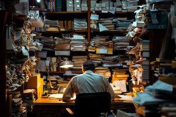 Man working late at an office surrounded by piles of paperwork.