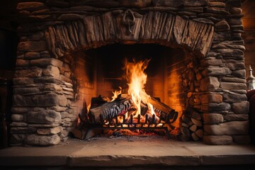 Cozy stone fireplace with real wood burning on cold night, warm winter concept - high quality