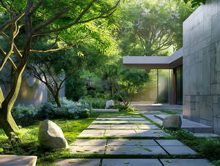 Home garden design with stone walkway and tree in the home modern style, 