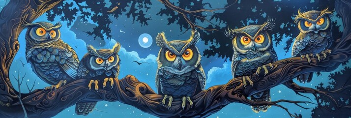 Vibrant owls perched on a tree branch - A fantastical illustration of four vividly colored owls with glowing eyes perched on a tree branch under a moonlit sky