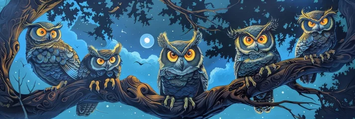 Wall murals Owl Cartoons Vibrant owls perched on a tree branch - A fantastical illustration of four vividly colored owls with glowing eyes perched on a tree branch under a moonlit sky