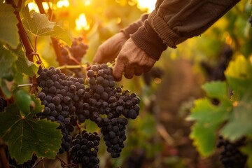 Obraz premium A person harvesting ripe grapes in a vineyard at sunset.