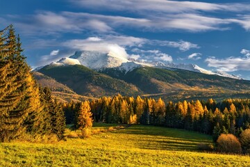 Beautiful scenery of autumn mountain landscape with snowy mountain peak in the clouds. Colorful forest with mountain meadow Incredible autumn scenery. Krivan mountain in High Tatras, Slovakia.