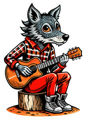 rocker wolf playing guitar sitting on tree stump