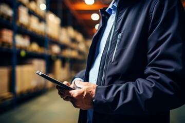 Professional male manager using digital tablet in modern retail warehouse storage facility