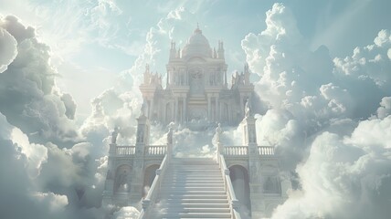 heaven in the clouds, a heavenly scene where soft, billowing clouds create a celestial backdrop, and a grand staircase made of white marble ascends majestically towards the heavens.