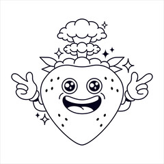 Retro strawberry, mascot, atomic, vintage character, groovy character. Coloring. Black and white vector illustration.