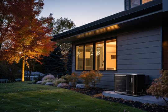 Modern home exterior with a heat pump system at dusk.