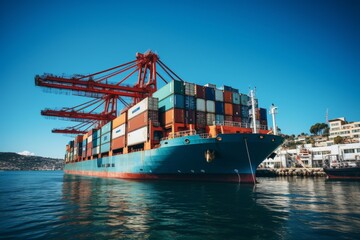 Naklejka premium Fully loaded container ship sailing in vibrant blue ocean waters under clear sky on a sunny day