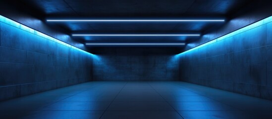 Obraz premium A long hallway with blue lights running along the tiled floor, creating a futuristic and modern atmosphere in a dark setting.