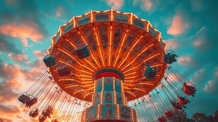 A Spinning Carousel of Fun, The Twirling Ferris Wheel, Ride the Merry-Go-Round with Colorful Lights, Enjoy a Thrilling Ride on the Amusement Park Ferris Wheel.