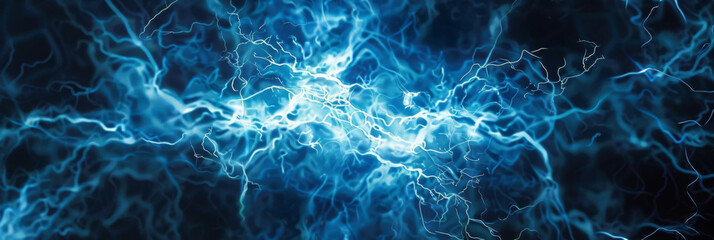 The image features a striking blue and black background illuminated by intense lightning strikes, creating a dramatic and dynamic visual effect