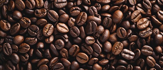 Roasted Coffee Beans Full Frame. Full frame close-up of rich, roasted coffee beans with a deep brown color, indicative of a fresh roast and aroma