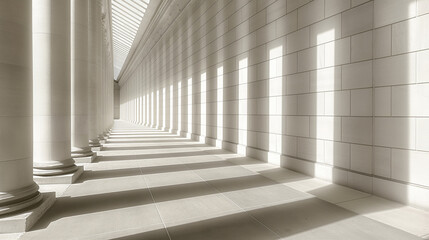 A Path of Light, Sunlight and Shadows in a White Long Corridor with Columns, Generative AI
