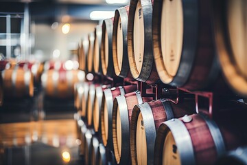 Light photo of a modern wine cellar with wooden barrels, wine industry background - obrazy, fototapety, plakaty