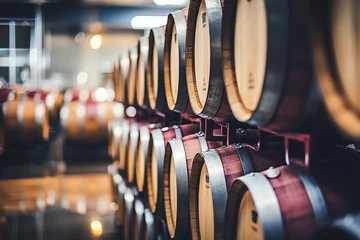 Fotobehang Light photo of a modern wine cellar with wooden barrels, wine industry background © polack