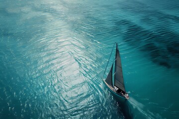Aerial view of a sailboat on clear blue water. - obrazy, fototapety, plakaty