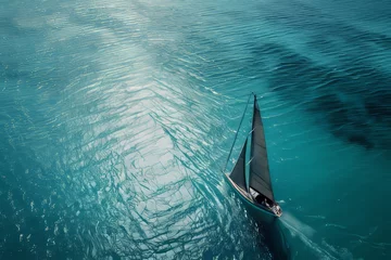 Zelfklevend Fotobehang Aerial view of a sailboat on clear blue water. © ParinApril