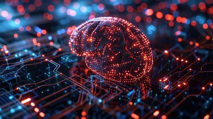 Digital illustration of a brain-shaped network on an electronic circuit board symbolizing artificial intelligence and machine learning. - obrazy, fototapety, plakaty
