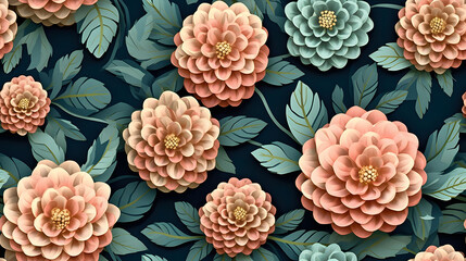 3d zinnia floral flowers seamless repeat pattern, floral pattern, flower paper art, natural colors, detailed foliage - obrazy, fototapety, plakaty