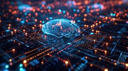 Digital illustration of a brain-shaped network on an electronic circuit board symbolizing artificial intelligence and machine learning.