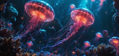 Bioluminescent Jellyfish Drift Among Oceanic Corals