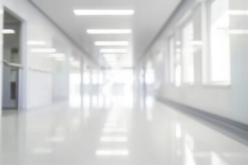 Blurry hospital corridor with white furniture and glass windows, in the style of blurred imagery, defocused backdrop, spot metering, shiny/glossy, clear edge definition, white modern medical space. - obrazy, fototapety, plakaty