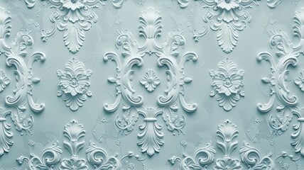 a clean damask pattern against blue backdrop, the seamless integration of the pattern into the background, intricate details and soothing color palette. SEAMLESS PATTERN.