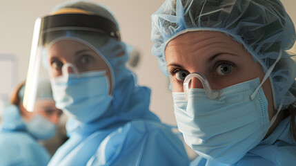Surgeons team, wearing protective uniforms, caps and masks
