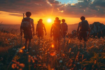 A group of friends hiking towards the setting sun, surrounded by a wildflower meadow