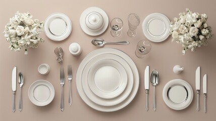 a beautifully set table adorned with plates, spoons, forks, and knives, the elegance and sophistication of the table setting, the anticipation of a delightful meal.