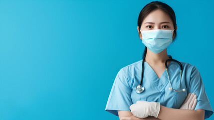 A female doctor with mask, a tired Asian nurse in a medical mask on a blue background, empty copy space