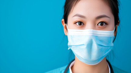 Fototapeta na wymiar A female doctor with mask, a tired Asian nurse in a medical mask on a blue background, empty copy space