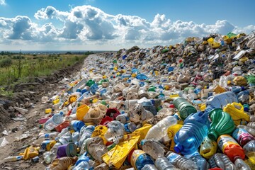 Pile of plastic bottles pollution in landfill. Environmental issue and recycling concept