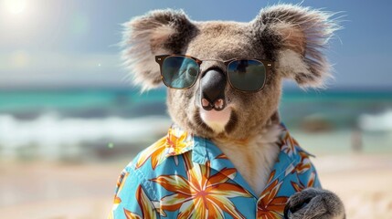 a koala in the beach with sunglasses and a Hawaiian shirt. 
