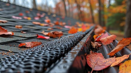 Autumn leaves on a roof gutter guard, close-up.