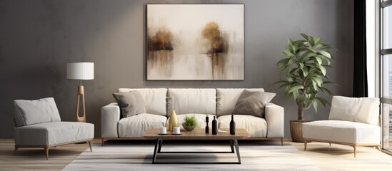 A well-furnished living room with a variety of furniture pieces such as a sofa, coffee table, and armchair. A painting hangs on the wall, adding visual interest to the rooms décor.