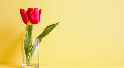 Tulip in glass on yellow background, minimalism