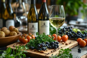 Fotobehang A glass of white wine elegantly placed among a selection of fresh produce and wines © svastix