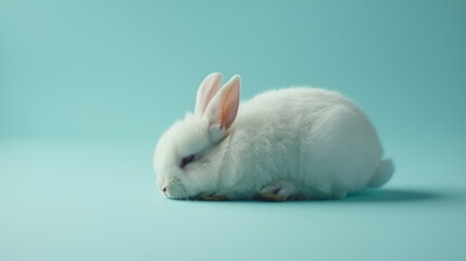 portrait of a cute, white color rabbit or bunny Lie down on the floor blue pastel color background - obrazy, fototapety, plakaty