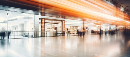 In this blurred scene, individuals are seen moving through a busy building, possibly a shopping mall or department store.