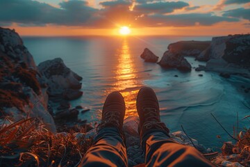 A pair of traveler's feet against the breathtaking backdrop of a coastal sunset and serene sea