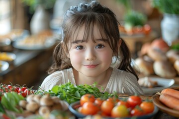 A sweet young girl presents an image of innocence and health, surrounded by a range of colorful vegetables