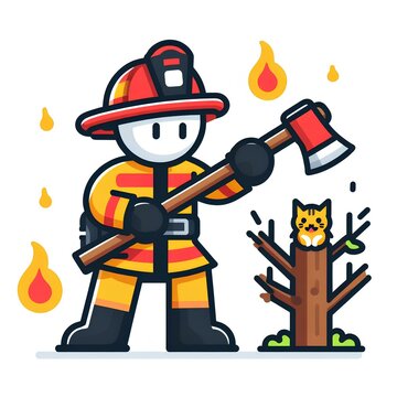 image of a firefighter wearing a red helmet, yellow turnout gear, and black boots. The firefighter is holding an axe in the right hand and is in the process of rescuing a cat from a tree