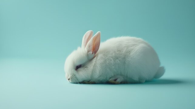 portrait of a cute, white color rabbit or bunny Lie down on the floor blue pastel color background