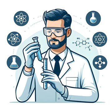 image of a scientist wearing a lab coat, safety goggles, and gloves. The scientist is holding a test tube in the right hand and is in the process of conducting an experiment