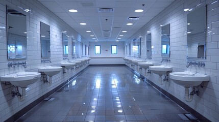 Obraz premium Modern white tiled bathroom with multiple sinks and illuminated mirrors.